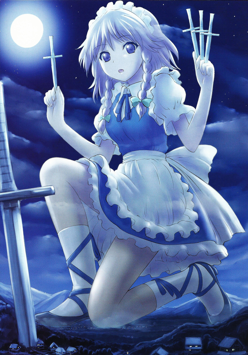 :o absurdres ankle_lace-up blue_eyes braid cloud cloudy_sky cross-laced_footwear female giant giantess highres izayoi_sakuya knife maid maid_headdress manzi moon night night_sky open_mouth photoshop_(medium) planted planted_knife ribbon shoes short_hair sky socks solo star_(sky) starry_sky touhou twin_braids weapon white_hair white_socks