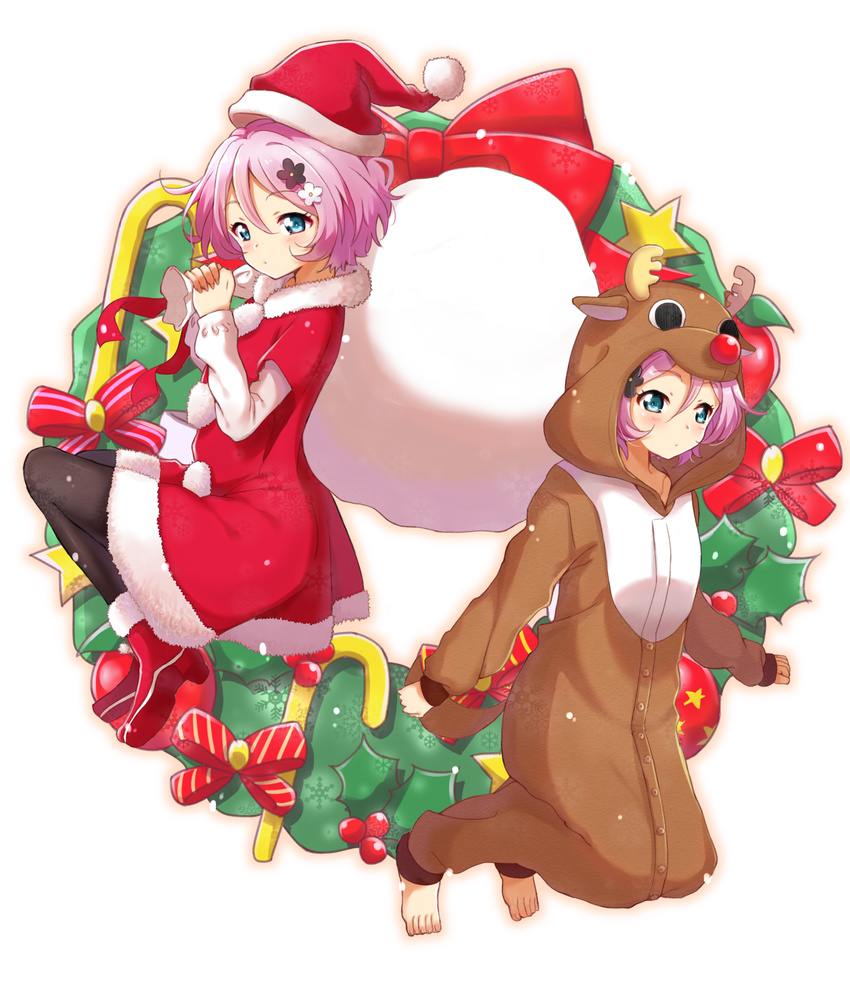 2girls animal_costume antlers barefoot black_legwear blue_eyes blush boots bow cane carrying_over_shoulder christmas christmas_ornaments commentary_request dress flower full_body fur_trim hair_between_eyes hair_flower hair_ornament hat highres holding holly hood horns jewelry karakuri_futaba karakuri_hitoha layered_sleeves long_sleeves looking_at_viewer multiple_girls pantyhose pink_hair pom_pom_(clothes) red_bow red_dress red_footwear red_hat red_ribbon reindeer_costume ribbon sack santa_costume santa_hat shiime short_hair short_over_long_sleeves short_sleeves siblings simple_background sisters star_(symbol) striped striped_bow tokyo_7th_sisters twins white_background wreath