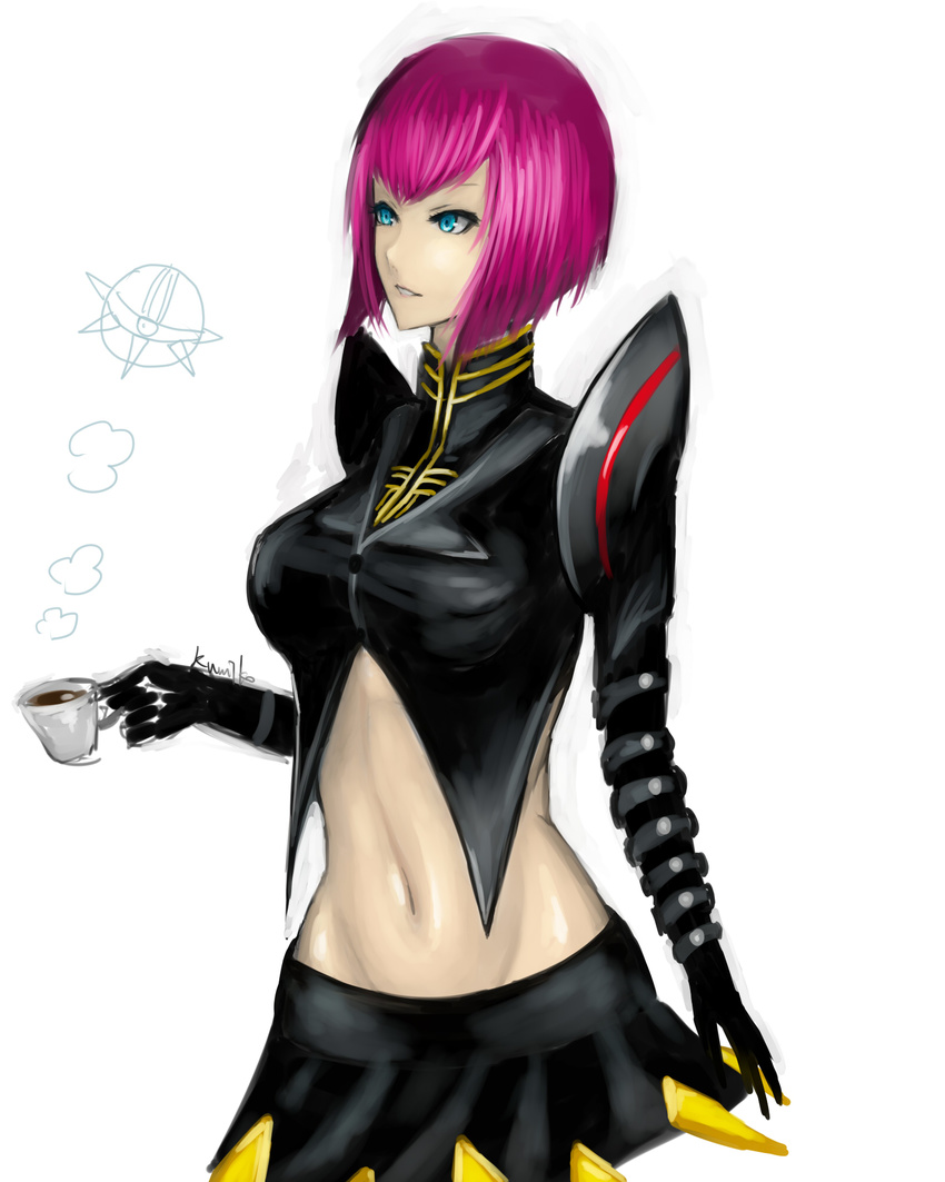 armor bad_id bad_pixiv_id bladecraft_orianna blue_eyes bob_cut breasts chinese_commentary coffee commentary_request crop_top cup elbow_gloves female gloves highres kumiko_shiba large_breasts league_of_legends navel orianna_(league_of_legends) partial_commentary pauldrons pink_hair short_hair shoulder_armor skirt solo spikes