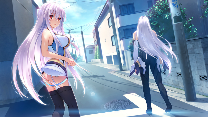 2girls ass bodysuit breasts bug_system building city clouds farah_perellies game_cg garter_belt haze_man_-_the_local_hero_- jill_perellies kyou_(kurifuto) long_hair red_eyes scenic sideboob sky stockings thighhighs white_hair