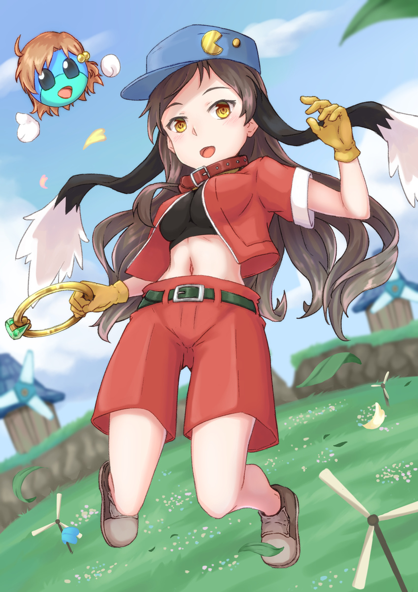 animal_ears blue_headwear blurry blurry_background boots brown_hair commentary_request cosplay crossover female gloves grass highres holding idolmaster idolmaster_million_live! jewelry kaze_no_klonoa kitazawa_shiho klonoa klonoa_(cosplay) long_hair navel open_mouth outdoors pants rabbit_ears red_pants ring soujin yellow_eyes yellow_gloves