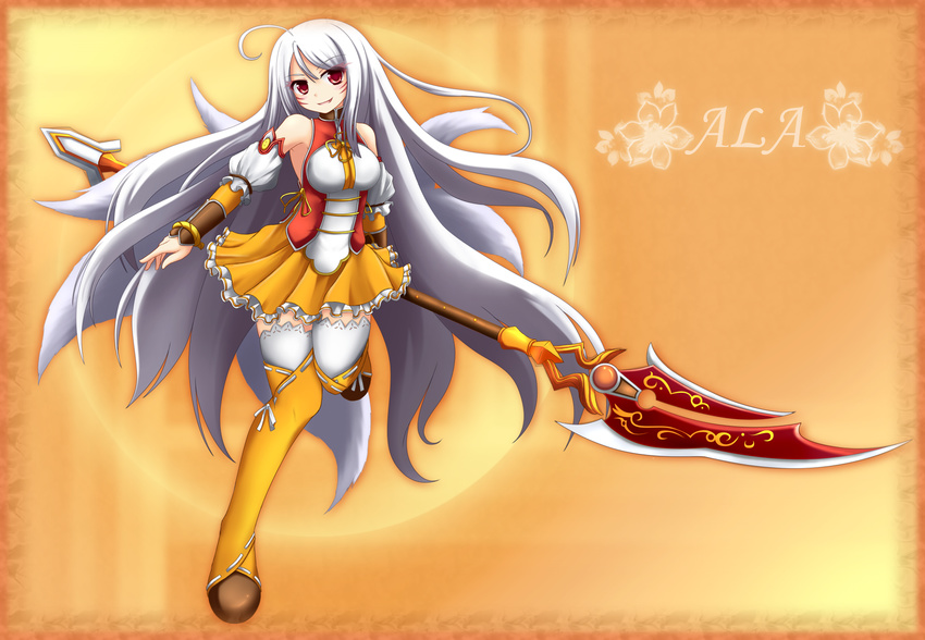 ahoge albino ara_haan c-rabbit character_name commentary_request detached_sleeves elsword eun_(elsword) female frills full_body highres little_xia_(elsword) long_hair orange_background orange_skirt orange_sleeves orange_theme orange_thighhighs polearm polearm_behind_back red_eyes skirt smile solo spear standing standing_on_one_leg thighhighs very_long_hair weapon white_hair white_sleeves