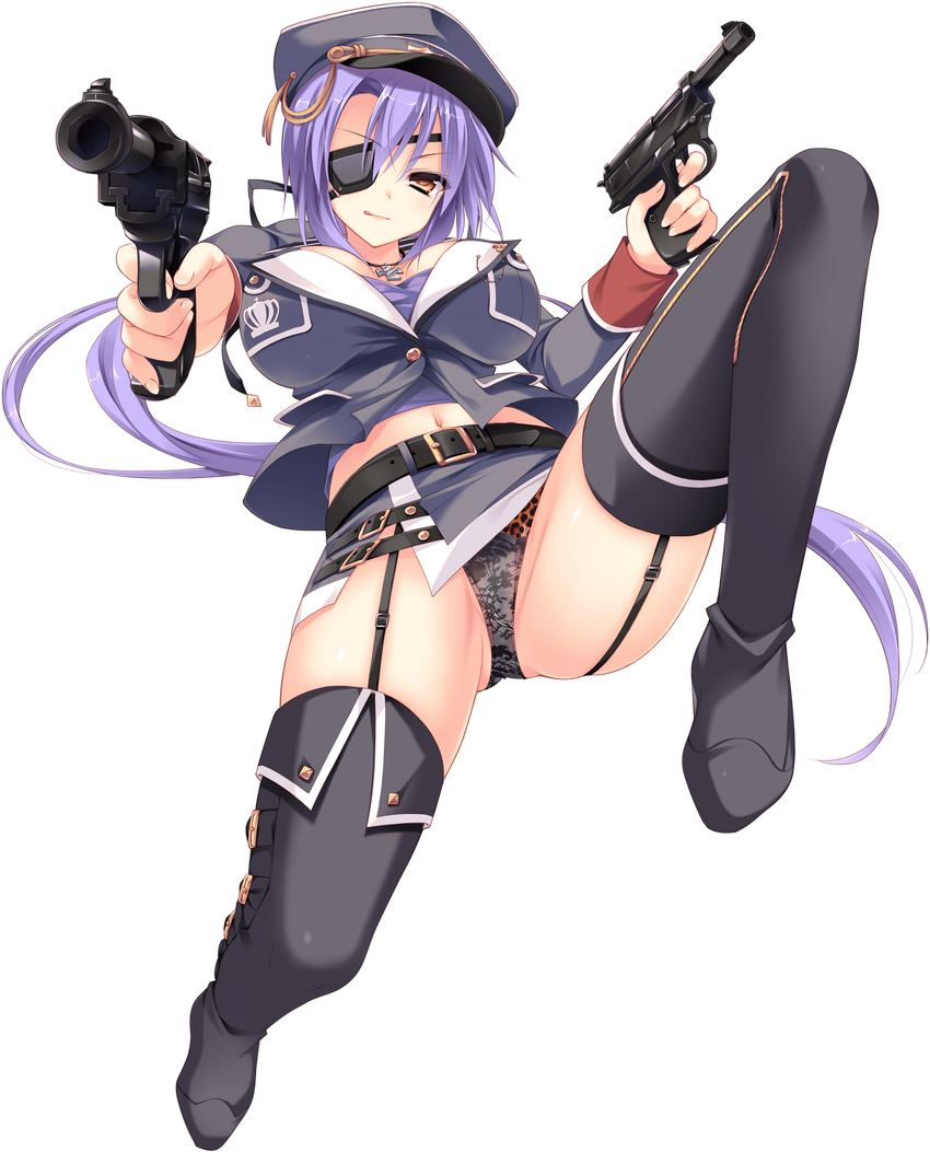 angelica_kamira_erland breasts cleavage dual_wielding eyepatch female foreshortening full_body game_cg gun handgun hat highres holding jewelry large_breasts long_hair long_sleeves looking_at_viewer love_love_princess midriff miniskirt navel necklace revolver shiny_skin skindentation skirt solo thighhighs transparent_background underwear very_long_hair walther walther_p38 weapon wori yellow_eyes