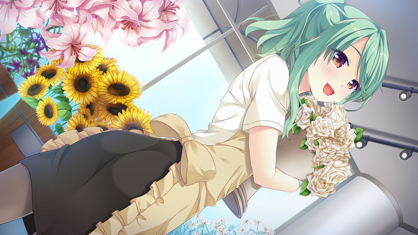 apron ass brown_eyes flowers game_cg green_hair kitaooji_karen making_lovers pantyhose ponytail short_hair skirt smee tagme_(artist)