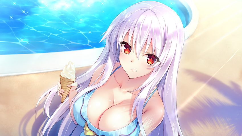 bikini blush breasts bug_system cleavage farah_perellies game_cg haze_man_-_the_local_hero_- ice_cream kyou_(kurifuto) long_hair red_eyes swimsuit water white_hair