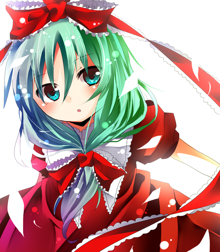 aqua_eyes blue_hair bow commentary_request dress female frills front_ponytail green_hair hairbow highres kagiyama_hina long_hair multicolored_hair nami_z open_mouth ribbon solo touhou