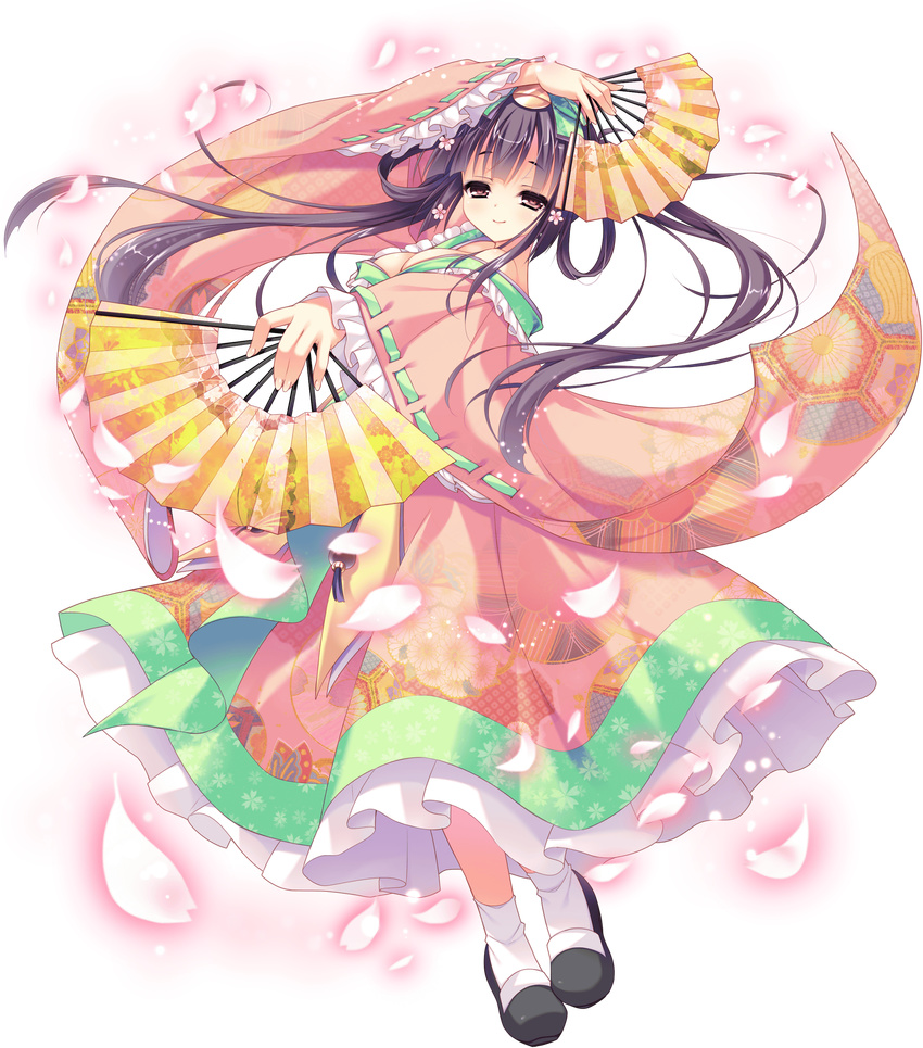 black_hair brown_eyes female folding_fan full_body game_cg hair_ornament hand_fan highres japanese_clothes kimono long_hair long_sleeves love_love_princess petals shoes smile solo transparent_background tsukimori_mio_erland very_long_hair wori