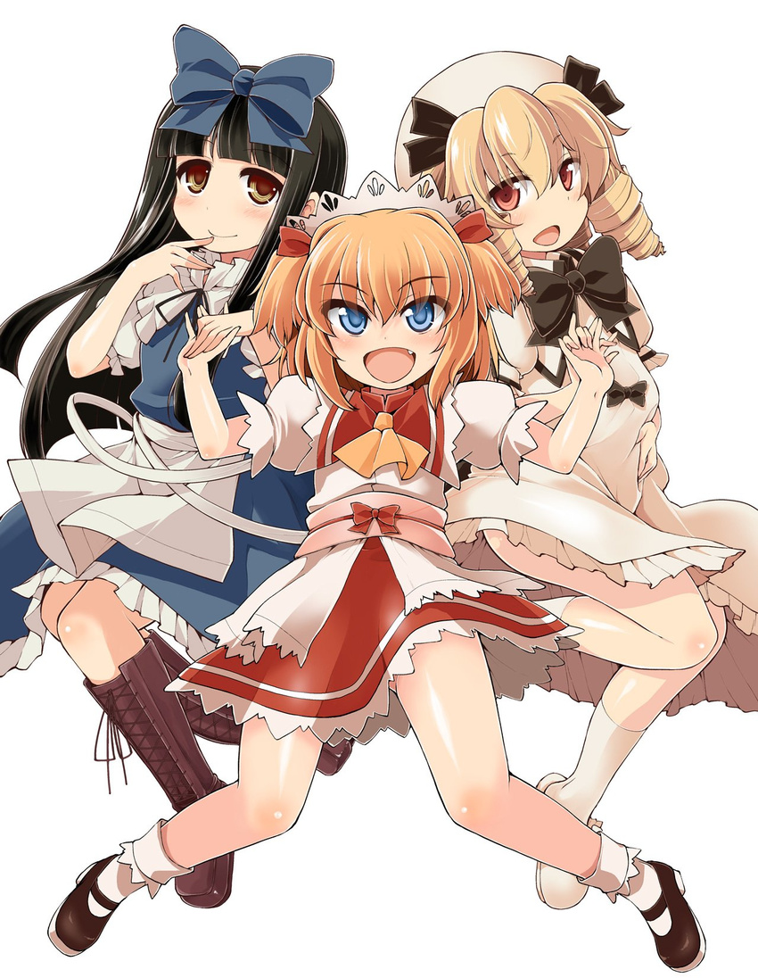 3girls apron bad_id bad_twitter_id black_hair blonde_hair blue_dress blue_eyes boots bow brown_eyes dress drill_hair frilled_dress frills fuurisuto hairbow hat highres hime_cut holding_hands knee_boots kneehighs long_hair luna_child mary_janes multiple_girls no_panties oerba_yun_fang open_mouth orange_hair red_eyes ribbon shoes short_dress short_hair short_twintails skirt slippers smile socks star_sapphire straight_hair sunny_milk tareme touhou tsurime twintails two_side_up white_dress white_legwear