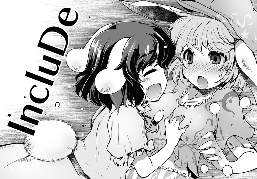 2girls animal_ears bad_id bad_twitter_id blush breasts closed_eyes dress full-face_blush fuurisuto grabbing grabbing_another's_breast greyscale hat highres inaba_tewi large_breasts midriff monochrome multiple_girls navel oerba_yun_fang open_mouth rabbit_ears rabbit_tail ringo_(touhou) shirt short_hair smile tail touhou