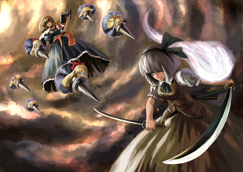 2girls aako alice_margatroid battle blue_eyes capelet commentary_request doll dress dual_wielding duel ghost grey_hair hairband holding katana konpaku_youmu konpaku_youmu_(ghost) lance multiple_girls photoshop_(medium) polearm scabbard shanghai_doll sheath short_hair sky sword touhou weapon