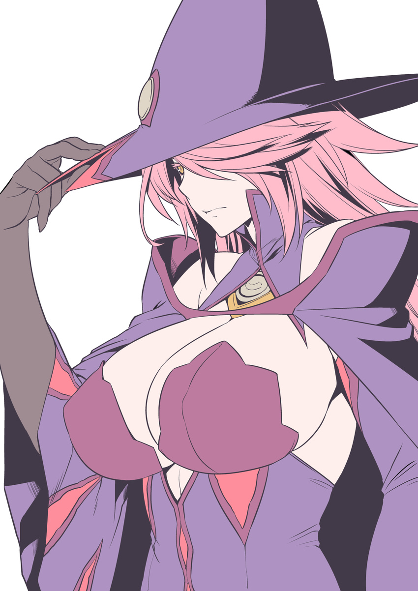 212_(kisaragi) bad_id bad_pixiv_id bare_shoulders black_gloves blazblue blazblue:_central_fiction breasts cape center_opening cleavage colored_eyelashes detached_collar detached_sleeves dress elbow_gloves female flat_color from_side gloves hair_over_one_eye hand_on_headwear hand_up hat highres konoe_a._mercury large_breasts long_hair long_sleeves looking_to_the_side pink_hair purple_cape purple_dress sideboob simple_background solo strapless strapless_dress swept_bangs turtleneck upper_body white_background wide_sleeves witch_hat yellow_eyes