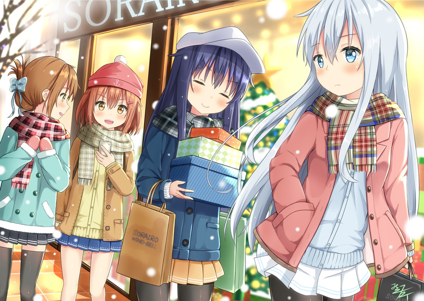 akatsuki_(kancolle) anthro aqua_eyes blue_hair blush bow brown_eyes brown_hair christmas group hat hibiki_(kancolle) ikazuchi_(kancolle) inazuma_(kancolle) jpeg_artifacts kantai_collection long_hair mikoillust pantyhose scarf short_hair signed skirt snow thighhighs white_hair