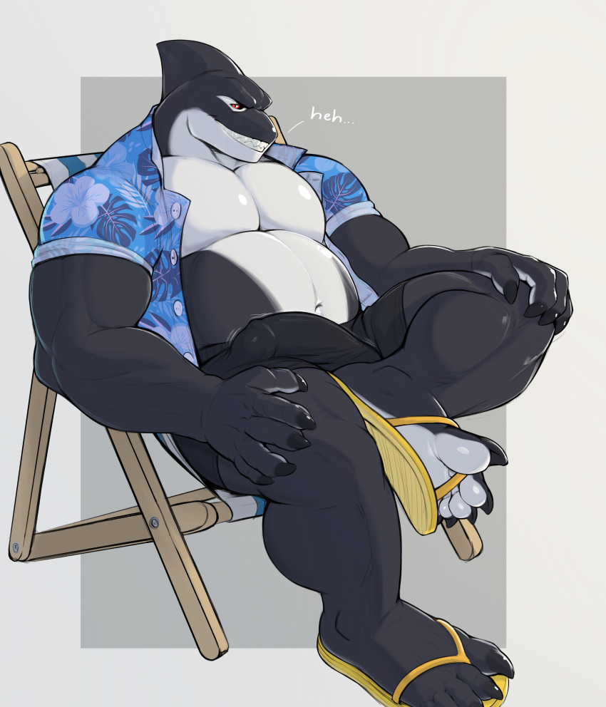 2022 absurd_res aloha_shirt anthro barazoku belly big_belly big_bulge big_muscles boner border bottomwear bulge cetacean chair claws clothed clothing delphinoid detailed_bulge english_text erection erection_under_clothing feet fin footwear furniture genital_outline grey_background hi_res laugh looking_at_viewer male male_only mammal marine muscular muscular_anthro muscular_male navel oceanic_dolphin open_clothing open_shirt open_topwear orca pattern_clothing pattern_shirt pattern_topwear pecs penis_outline plantigrade razzper sandals shirt shorts simple_background sitting smile solo teeth text toes toothed_whale topwear white_border