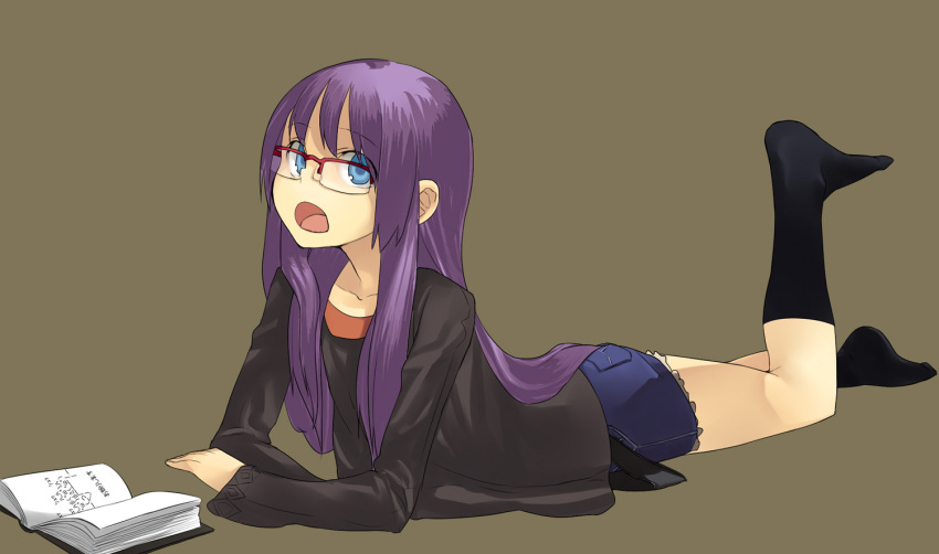 blue_eyes knee_socks megane moe purple_hair translated