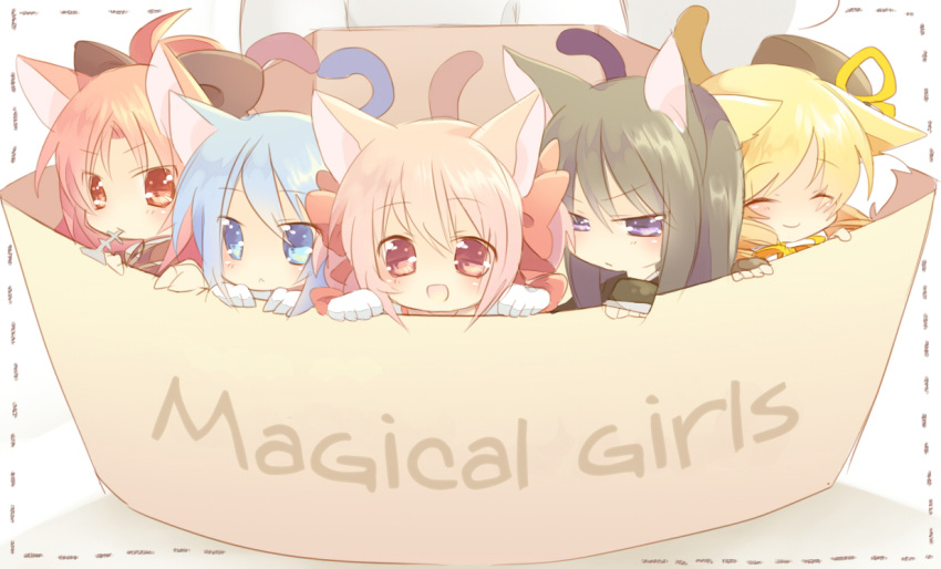 5girls akemi_homura akemi_homura_(magical_girl) animal_ears beret black_hair blonde_hair blue_eyes blue_hair bow box cardboard_box cat_ears cat_tail chibi drill_hair gloves hairband hat heart heart_tail heart_tail_duo imageboard_desourced in_box in_container kaname_madoka kaname_madoka_(magical_girl) kemonomimi_mode long_hair magical_girl mahou_shoujo_madoka_magica mahou_shoujo_madoka_magica_(anime) miki_sayaka miki_sayaka_(magical_girl) multiple_girls nochita_shin non-web_source photoshop_(medium) pink_eyes pink_hair ponytail puffy_sleeves purple_eyes red_eyes red_hair sakura_kyoko sakura_kyoko_(magical_girl) short_hair short_twintails smile tail tomoe_mami tomoe_mami_(magical_girl) twintails white_gloves