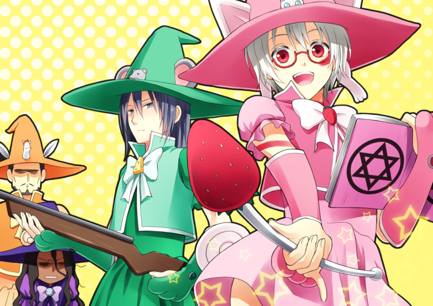 4boys book commentary_request cosplay crossdressing facial_mark glasses green_hat gun hat hexagram inukashi multiple_boys nezumi_(no.6) no.6 open_mouth orange_hat pink_hat puffy_sleeves purple_hat red_eyes ribbon rifle rikiga sakuma_rinko sakuma_rinko_(cosplay) shion_(no.6) short_hair staff weapon white_hair witch_hat yellow_background yondemasu_yo_azazel-san. you_(you_c)