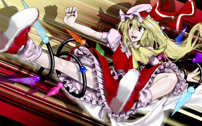 ascot blonde_hair commentary_request female flandre_scarlet flying hat highres kicking nanto_gokuto_ken outstretched_arms pale_skin photoshop_(medium) red_eyes shoes side_ponytail smile socks solo speed_lines touhou umami_(sakeikura) wings