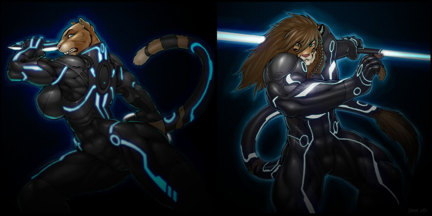 2011 abs anthro armor avoid_posting biceps big_breasts black_background black_clothing blue_eyes breasts brown_hair clothing disc disney felid female glowing green_eyes hair holding_object holding_weapon huge_breasts hybrid identity_disc liger light lion looking_at_viewer male mammal mane mbeya_johari mbeya_tion melee_weapon muscular muscular_female pantherine pecs polearm side_boob simple_background staff strype suit sword tiger tron weapon