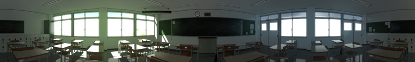 360_panorama absurdres chalkboard classroom clock commentary_request fisheye fluorescent_lamp highres no_humans original panorama reflective_floor sakais3211 scenery sunlight wide_image window