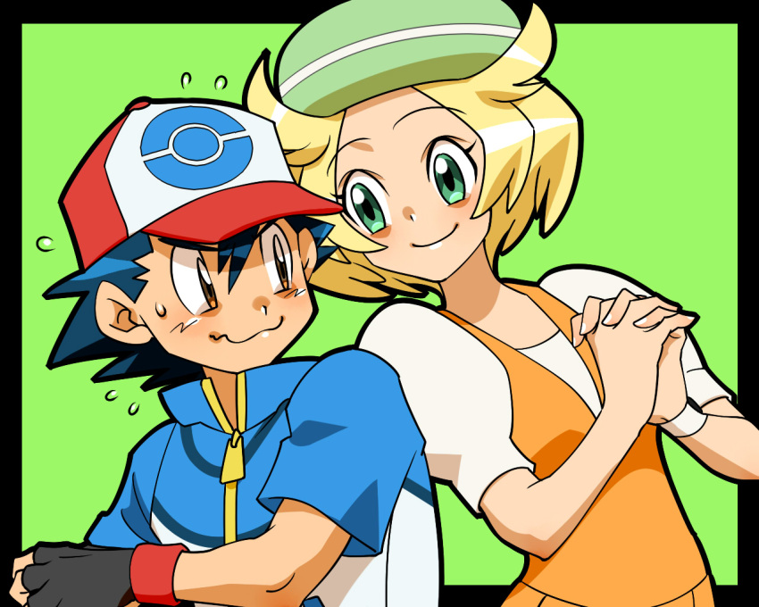 1boy age_difference amada baseball_cap bianca_(pokemon) black_hair blonde_hair brown_eyes commentary_request couple female fingerless_gloves gloves green_eyes hat onee-shota own_hands_clasped own_hands_together pokemon pokemon_(anime) pokemon_bw_(anime) satoshi_(pokemon) simple_background smile straight sweat sweatdrop wavy_mouth wristband