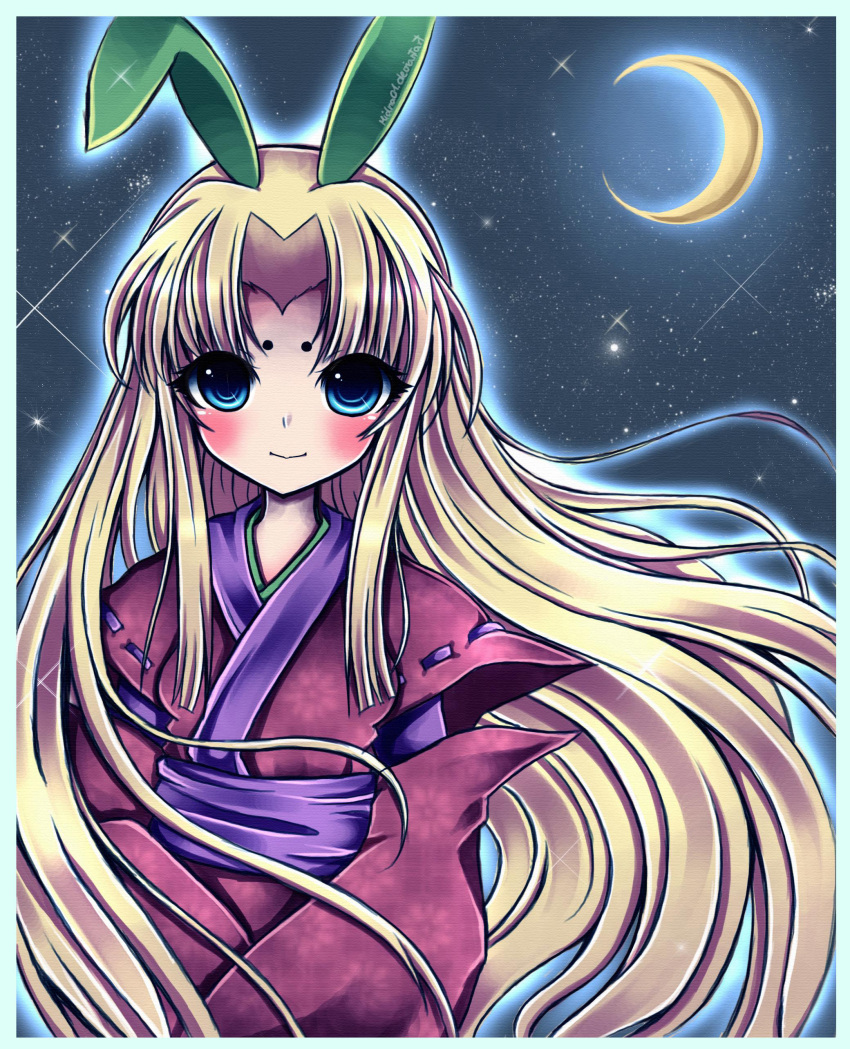 absurdres animal_ears blonde_hair blue_eyes blush commentary_request crescent_moon female highres japanese_clothes kaguya_(ookami) kimono long_hair midna01 moon night night_sky okami outline photoshop_(medium) rabbit_ears signature sky smile solo standing star_(sky) star_(symbol) starry_moon starry_sky very_long_hair