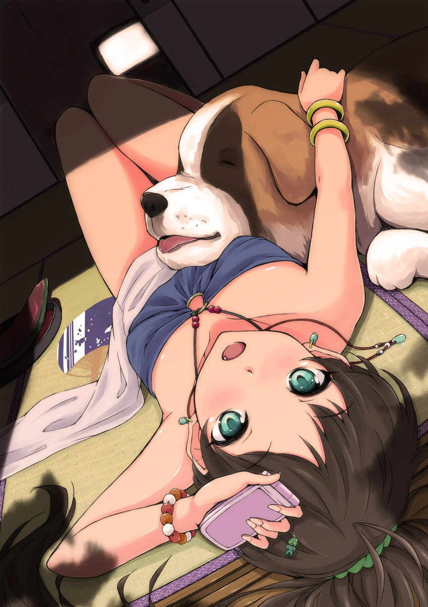 absurdres animal antenna_hair bare_shoulders blush bracelet brown_hair canine cellphone cellphone_charm charm_(object) collarbone commentary_request earrings female food fruit ganaha_hibiki green_eyes halterneck hand_fan highres idolmaster idolmaster_(classic) inumi jewelry long_hair looking_at_viewer lying oerba_yun_fang on_back open_mouth paper_fan pendant phone photoshop_(medium) ponytail solo st_bernard tsurime tsuttsu uchiwa upside-down watermelon