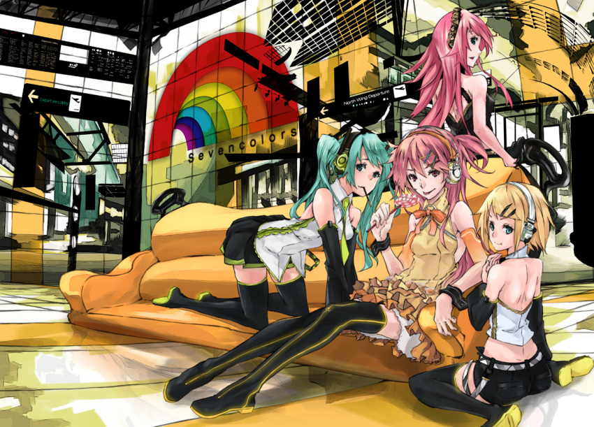 4girls :p all_fours aqua_eyes aqua_hair back bare_shoulders black_thighhighs blonde_hair blue_eyes boots bow candy commentary_request couch detached_sleeves dress food frilled_dress frills hair_ornament hairclip hatsune_miku headphones kagamine_rin leaning lollipop long_hair looking_at_viewer looking_back megurine_luka mille_(dieci) mouth_hold multiple_girls nanase_kanon necktie photoshop_(medium) pink_eyes pink_hair pleated_skirt pocky red_eyes short_hair short_shorts shorts sitting skirt swirl_lollipop thigh_boots thighhighs tongue tongue_out twintails vocaloid wariza wrist_cuffs zettai_ryouiki