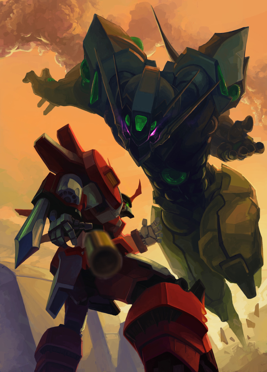 absurdres alteisen ameru.miro arm_blade casing_ejection commentary_request duel glowing glowing_eyes green_eyes guts_(artist) highres mecha no_humans photoshop_(medium) pile_bunker red_eyes robot shell_casing size_difference soulgain super_robot_wars super_robot_wars_og_the_inspector super_robot_wars_original_generation super_robot_wars_original_generation_2 weapon