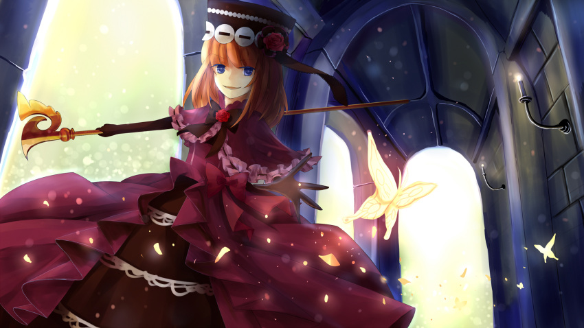 bad_id bad_pixiv_id blue_eyes bow bug butterfly candle dress elbow_gloves eva_beatrice female flower frills gloves grin hat highres hiragi_rin orange_hair photoshop_(medium) ribbon rose smile solo staff umineko_no_naku_koro_ni