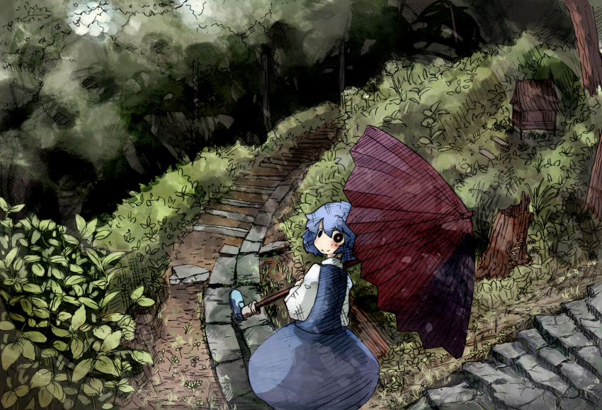 birdhouse blue_eyes blue_hair bush commentary_request daruia_(sabitare) female foliage forest heterochromia highres karakasa_obake nature path purple_umbrella red_eyes road short_hair skirt smile solo stairs tatara_kogasa touhou tree umbrella