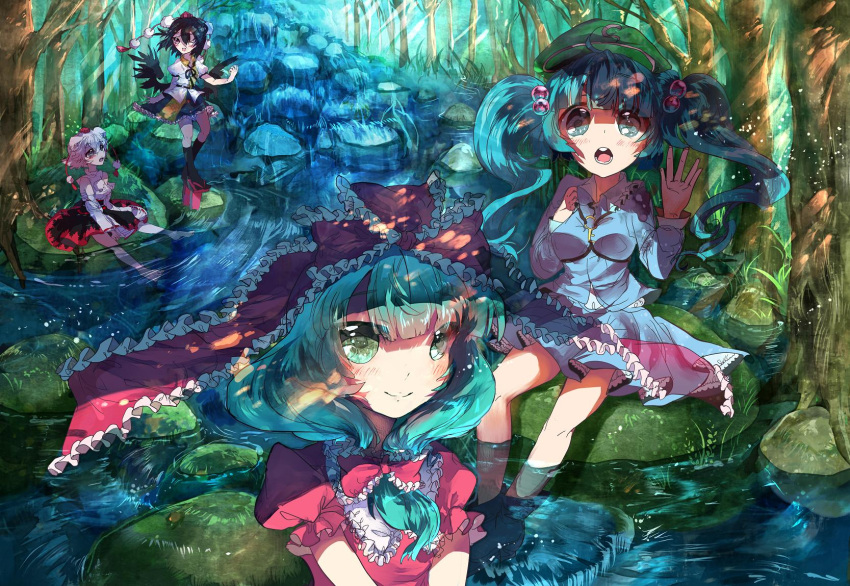 4girls animal_ears bad_anatomy bad_proportions barefoot black_hair blue_eyes blue_hair commentary_request detached_sleeves dress forest front_ponytail geta green_eyes green_hair hair_bobbles hair_ornament hat highres hoshika_ranoe inubashiri_momiji kagiyama_hina kawashiro_nitori multiple_girls nature ribbon river shameimaru_aya skirt soaking_feet tokin_hat touhou tree two_side_up water white_hair wings wolf_ears