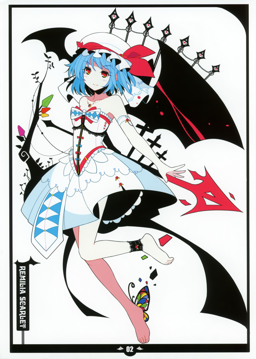 absurdres alternate_costume barefoot bat_wings blue_hair butterfly_wings dress feet female female hat highres ideolo jewelry laevatein necklace red_eyes remilia_scarlet scan short_hair solo spear_the_gungnir strapless_dress touhou white_dress wings