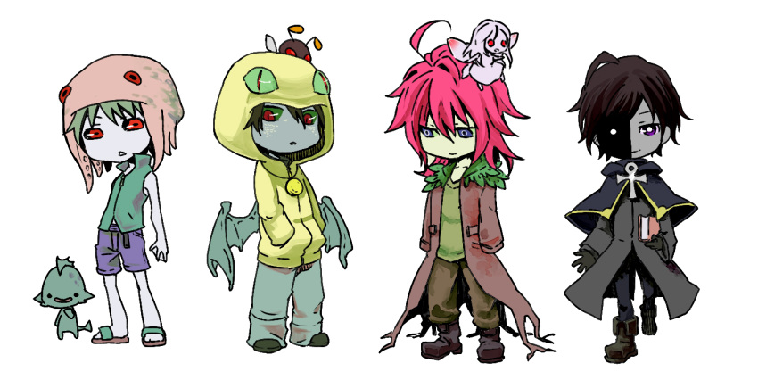 :< black_hair book boots coat cross cthulhu cthulhu_mythos frown gloves green_eyes hands_in_pockets hastur highres hood hoodie insects long_hair lovecraft male male_focus multicolored_eyes multiple_boys nyarlathotep open_mouth personification purple_eyes red_eyes red_hair sandals sca07cpm0005tm short_hair smirk vulthoom wings