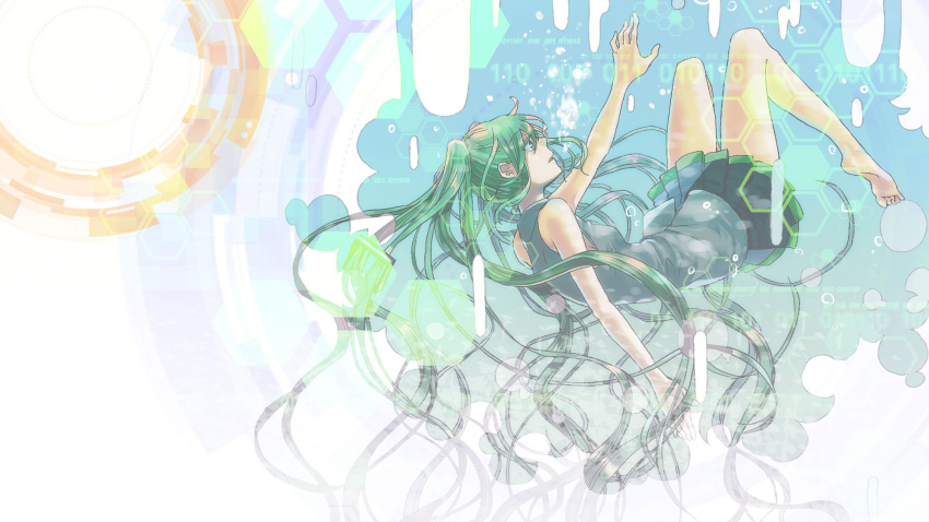 bad_id bad_pixiv_id barefoot female green_eyes green_hair hatsune_miku highres long_hair reaching skirt solo sumi_(38page) very_long_hair vocaloid