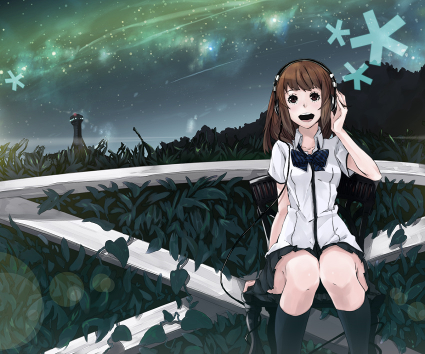 album_cover bow brown_eyes brown_hair chair commentary_request cover female headphones long_hair mille_(dieci) night open_mouth original photoshop_(medium) school_uniform sitting skirt sky socks solo vocaloid