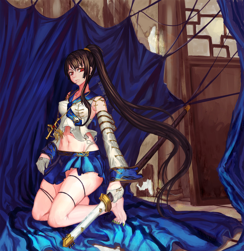 bare_shoulders barefoot breasts brown_hair commentary_request covered_nipples crop_top edenfox feet female gloves groin highres kneeling lips long_hair long_toenails medium_breasts midriff nail_polish navel original panties photoshop_(medium) ponytail red_eyes shirt side-tie_panties skindentation skirt solo sword taut_clothes taut_shirt toenail_polish toenails underwear weapon