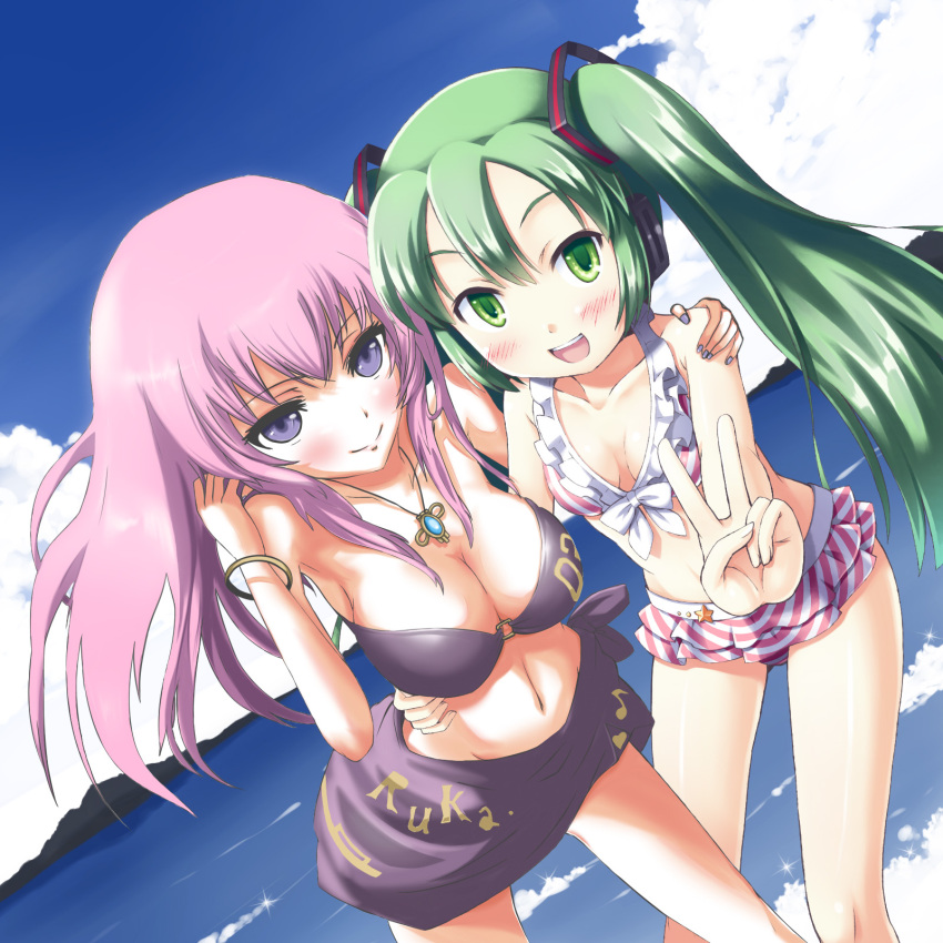 2girls arm_around_waist bikini bracelet breasts clothes_writing commentary_request green_eyes green_hair hand_on_another's_shoulder hatsune_miku highres jewelry large_breasts long_hair megurine_luka morujii multiple_girls necklace photoshop_(medium) pink_hair purple_eyes purple_sarong sarong swimsuit v vocaloid