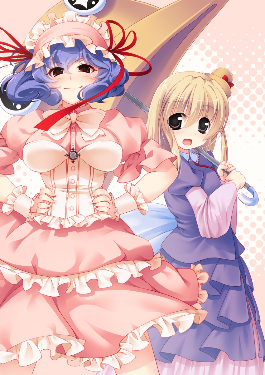 2girls absurdres alternate_hairstyle asou_natsume black_eyes blonde_hair blush breasts commentary_request cosplay dress frills hands_on_own_hips hat highres looking_at_viewer medium_breasts mini_hat mini_top_hat moriya_suwako multiple_girls photoshop_(medium) purple_hair pyonta red_eyes remilia_scarlet remilia_scarlet_(cosplay) short_hair smile top_hat touhou umbrella yakumo_yukari yakumo_yukari_(cosplay) yasaka_kanako