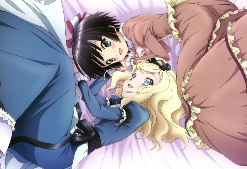 2girls :d absurdres alice_blanche black_eyes black_hair blonde_hair blue_eyes dress highres ikoku_meiro_no_croisee imageboard_desourced inoue_hideki lying multiple_girls non-web_source nyantype oerba_yun_fang official_art on_side open_mouth scan smile yune_(ikoku_meiro_no_croisee)