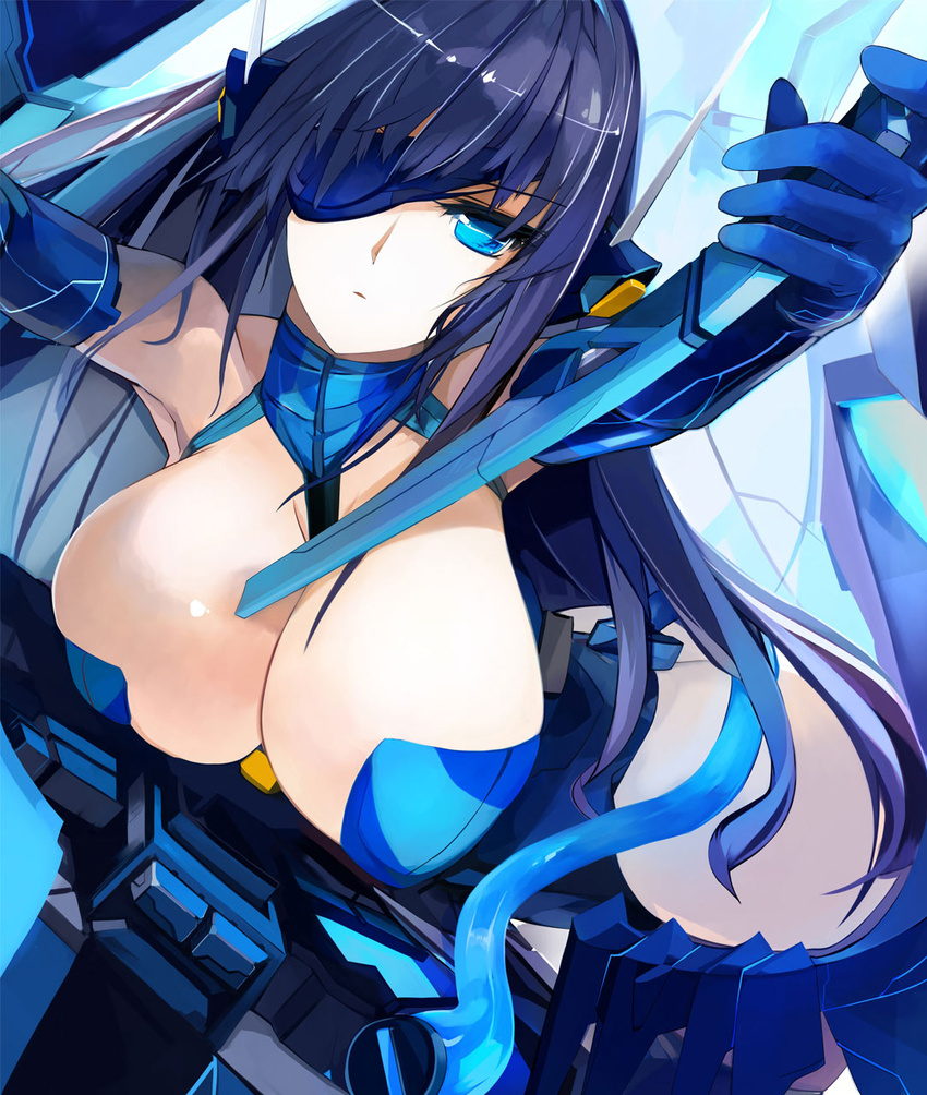 bare_shoulders blue_eyes blue_hair breasts cleavage elbow_gloves eyepatch female gloves hanging_breasts highres large_breasts long_hair original pupps solo