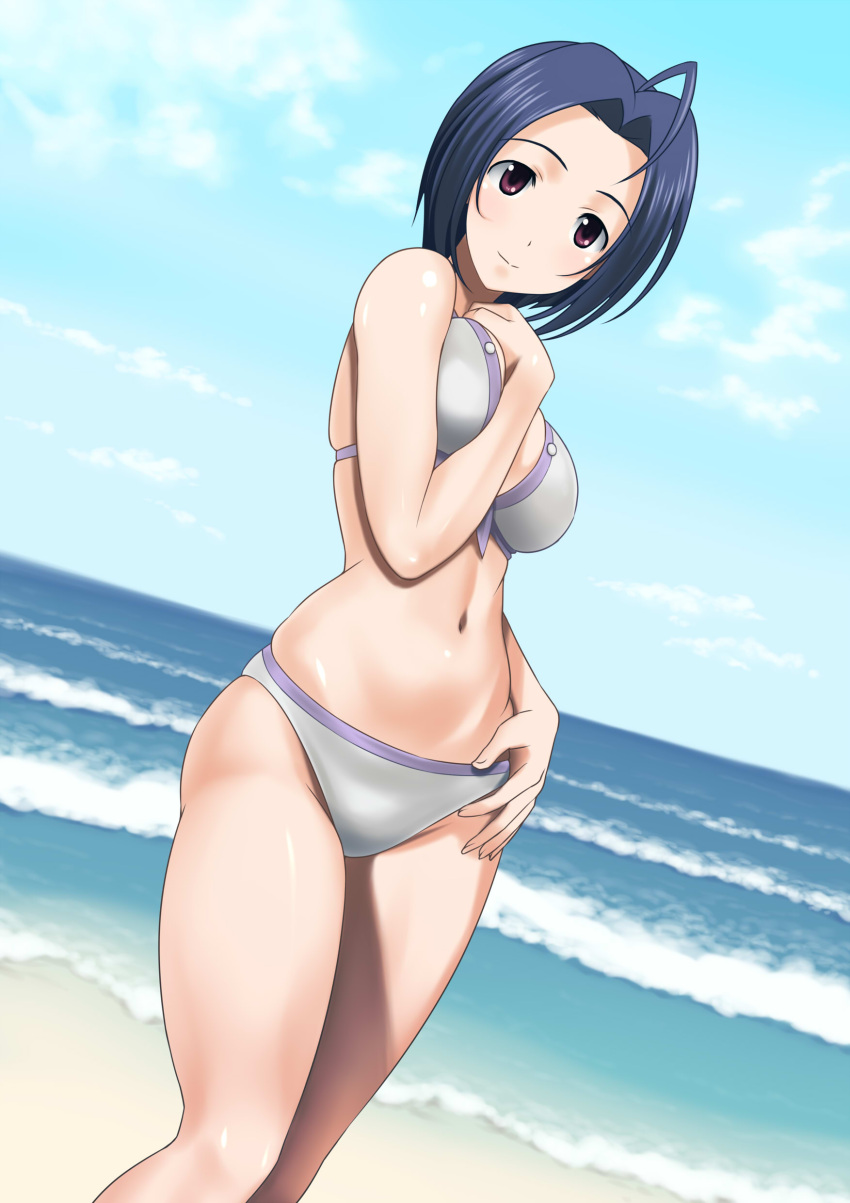 absurdres ahoge beach bikini blue_hair breasts commentary_request day dutch_angle female highres idolmaster idolmaster_(classic) light_smile long_hair medium_breasts miura_azusa muhi11234 navel outdoors purple_eyes sand skindentation solo standing swimsuit water