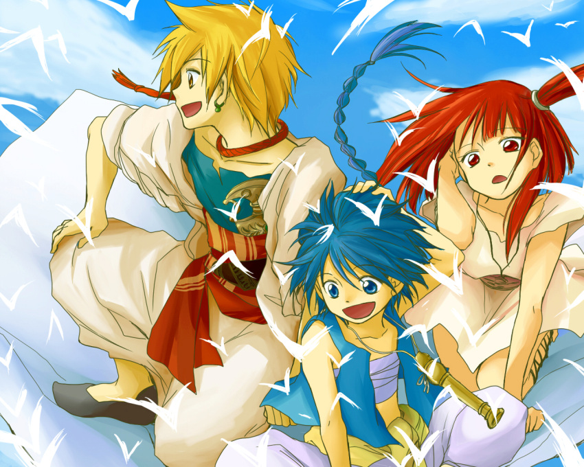 2boys aladdin_(magi) ali_baba_saluja blonde_hair blue_eyes blue_hair commentary_request day earrings female flying jewelry long_hair magi_the_labyrinth_of_magic morgiana multiple_boys one_side_up open_mouth raku_(rairaku345) red_eyes red_hair short_hair sky smile yellow_eyes