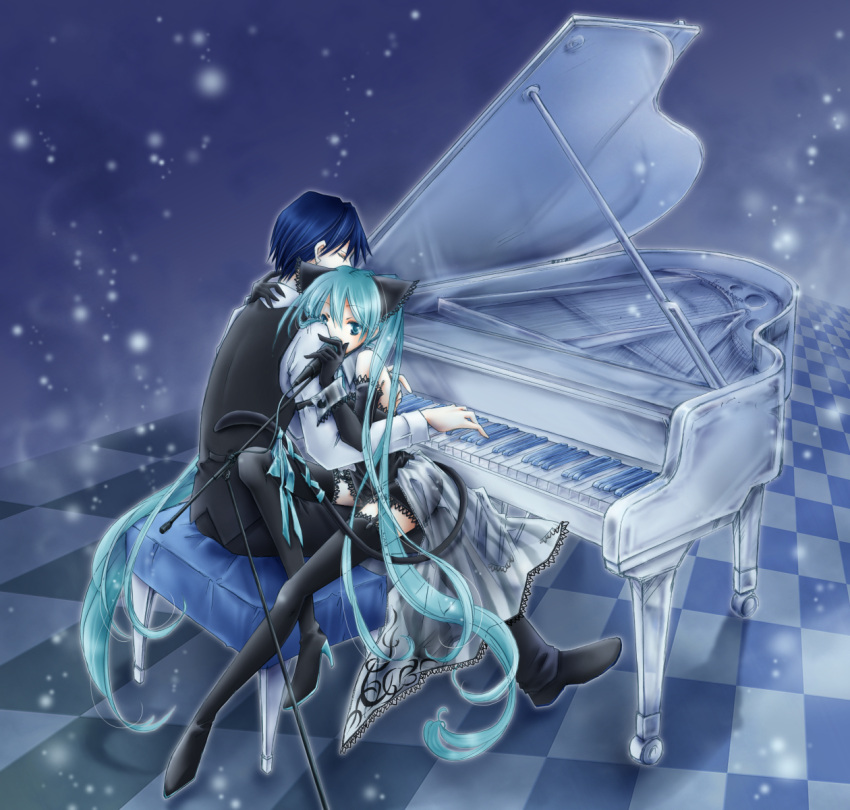 1boy aqua_eyes aqua_hair blue_hair boots checkered_floor commentary_request elbow_gloves female fujie garter_straps gloves hatsune_miku high_heels highres instrument kaito_(vocaloid) long_hair microphone microphone_stand piano risky_game_(vocaloid) shoes sitting skirt thigh_boots thighhighs twintails very_long_hair vocaloid wrist_cuffs