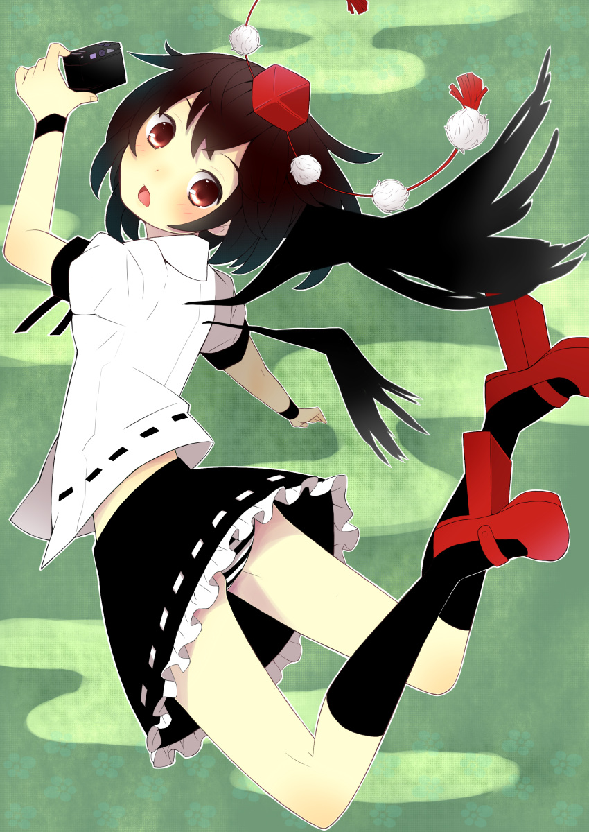 absurdres black_hair black_socks blush brown_hair camera commentary_request female flying from_behind geta hat highres kneehighs looking_at_viewer looking_back open_mouth panties red_eyes sailor_antei shameimaru_aya skirt socks solo striped_clothes striped_panties tokin_hat touhou underwear wings