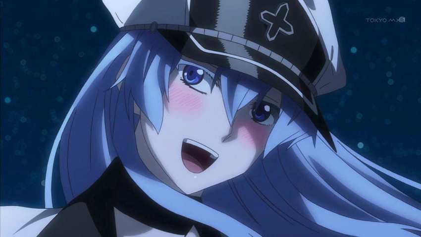 akame_ga_kill! aqua_eyes aqua_hair blue_eyes blue_hair blush choker esdeath esdese female general general(shogun) hat highres long_hair military military_uniform open_mouth peaked_cap smile solo