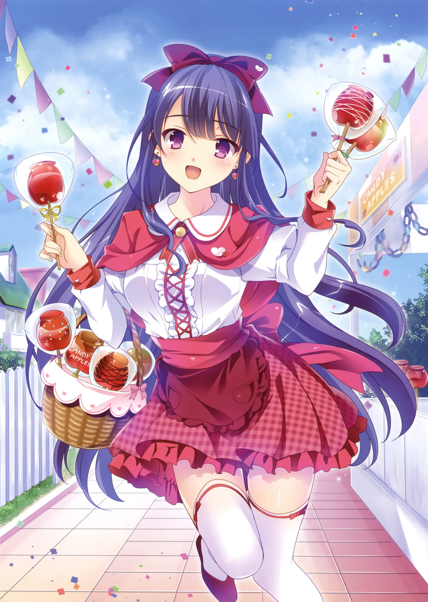 absurdres apple_earrings black_hair bow capelet day earrings female food-themed_earrings hairbow highres holding jewelry leg_up long_hair looking_at_viewer open_mouth original outdoors purple_eyes red_bow red_ribbon red_skirt ribbon satou_satoru shirt skirt solo thighhighs very_long_hair white_shirt white_thighhighs zettai_ryouiki