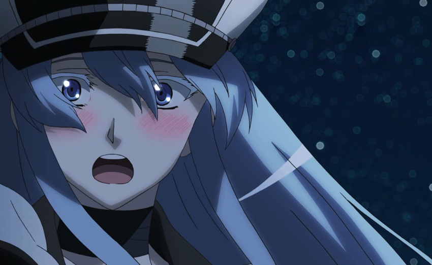 akame_ga_kill! blue_eyes blue_hair esdeath esdese female highres long_hair open_mouth solo stitched surprised