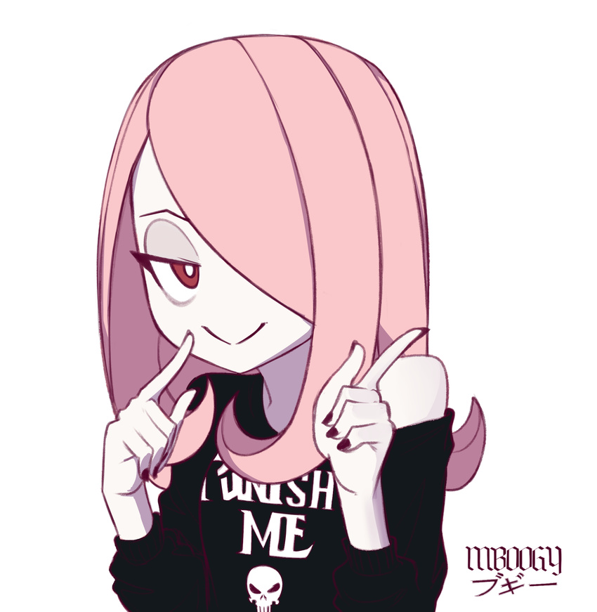 alternate_costume artist_name black_nails boogy_(mnmnjuguna) clothes_writing commentary curly_hair english_commentary eyeshadow female hair_over_one_eye half-closed_eyes highres index_finger_raised little_witch_academia long_hair looking_at_viewer makeup nail_polish no_nose off_shoulder pale_skin pink_hair purple_eyes skull solo sparkling_daydream sucy_manbavaran upper_body white_background