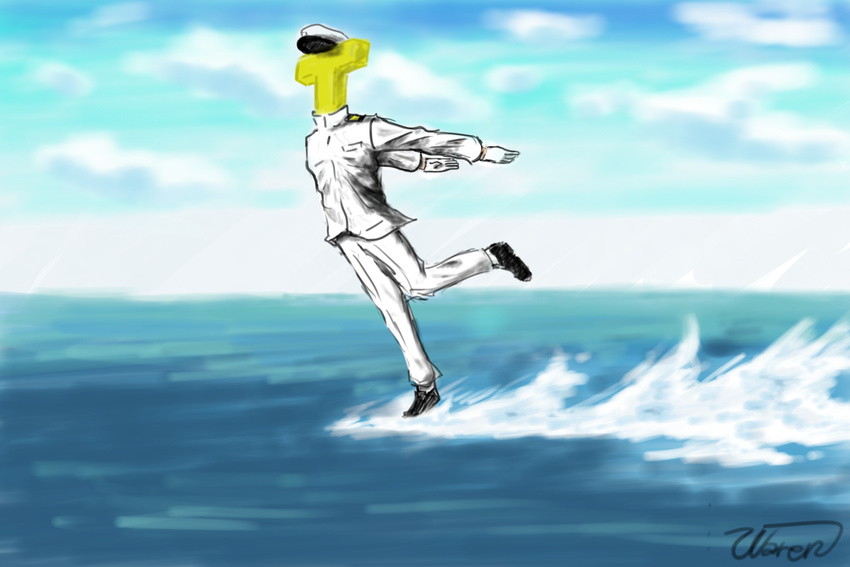 1boy admiral_(kancolle) blue_sky cloud day highres kantai_collection long_sleeves meme military military_uniform ocean outdoors outstretched_arms parody signature sky t-head_admiral uniform water waterskiing_(meme)