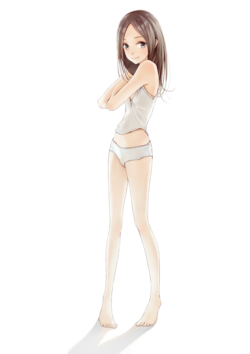 bad_id bad_pixiv_id barefoot brown_hair camisole covering_chest covering_privates female full_body grey_eyes highres legs long_hair looking_at_viewer original panties parted_bangs shadow simple_background smile solo stomach tokumaru underwear underwear_only white_panties